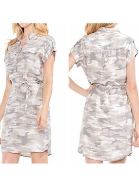 Vince Camuto Tan Belted Camouflage Roll Tab Sleeve Casual Mini Shirt Dress Large